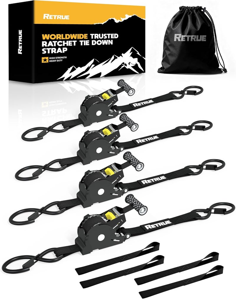 RETRUE Heavy Duty Self-Retracting Ratchet Straps, 10 Feet Retractable Ratchet Tie Down Straps with 1,500lb Break Strength for Trailers, Motorcycles, ATVs, Moving, Cargo Handling & More, Black (4 Pack) - Image 1